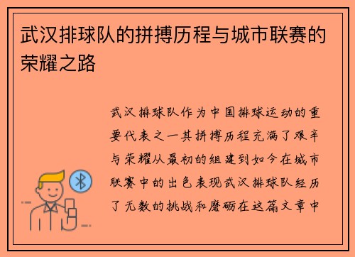 武汉排球队的拼搏历程与城市联赛的荣耀之路