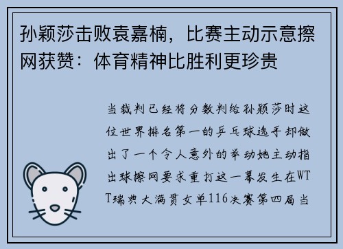 孙颖莎击败袁嘉楠,比赛主动示意擦网获赞:体育精神比胜利更珍贵 孙颖莎击败袁嘉楠,比赛主动示意擦网获赞:体育精神比胜利更珍贵